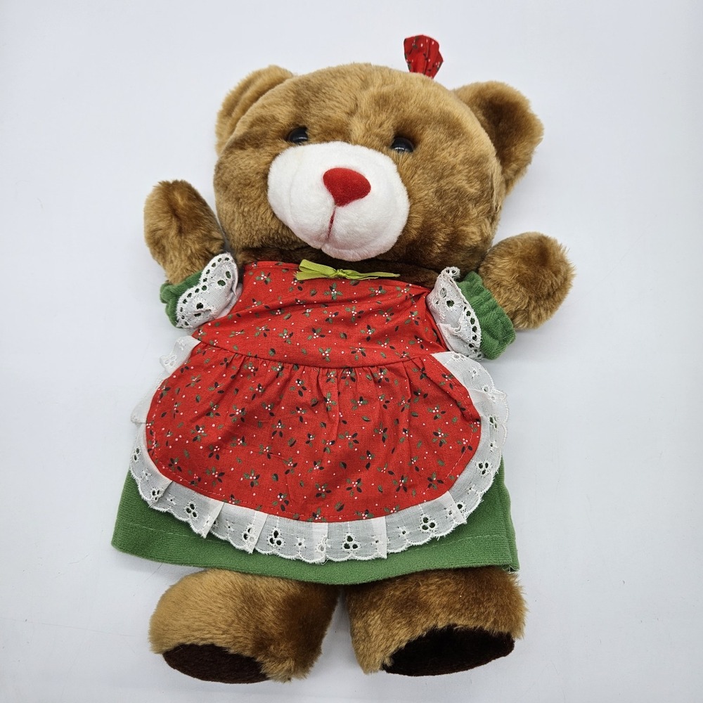 Vintage Plush Girl Teddy Bear Christmas Stocking Bow Dress Retro 14" HTF Rare!